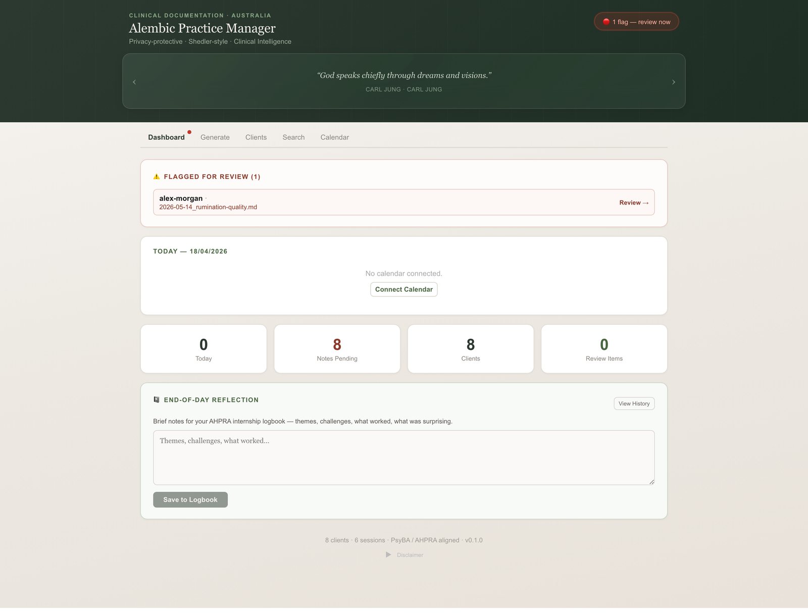 The Alembic dashboard, showing fictional demonstration data: a flagged-for-review panel, the day's calendar, practice counters and an end-of-day reflection box
